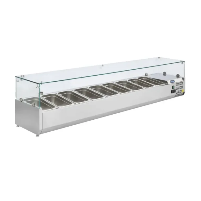 Saladette réfrigérée à poser Polar Série G 9 bacs GN 1/3 en inox avec pare-haleine verre