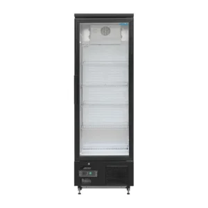 Vitrine verticale Polar Série G porte ouverte, quatre étagères chargées de boissons