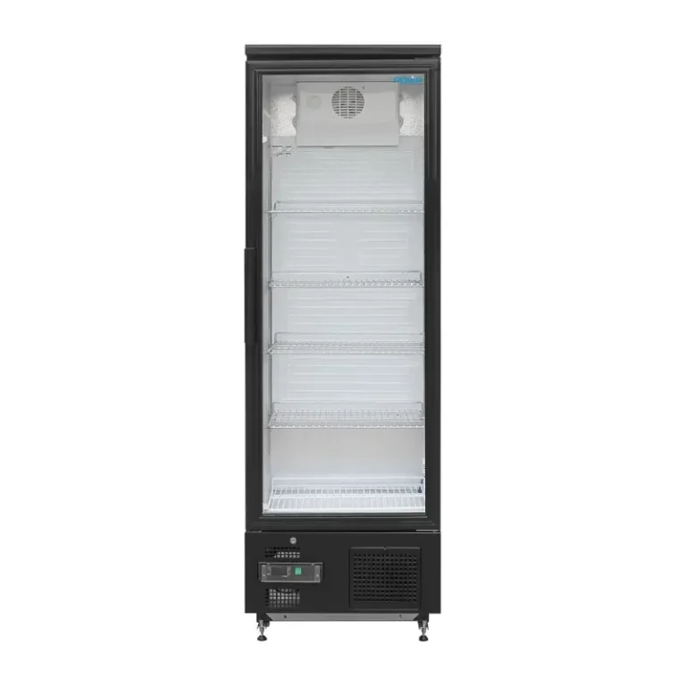 Vitrine verticale Polar Série G porte ouverte, quatre étagères chargées de boissons