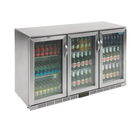 Arrière-bar réfrigéré Polar Série G inox à trois portes pivotantes vitrées, vue de face