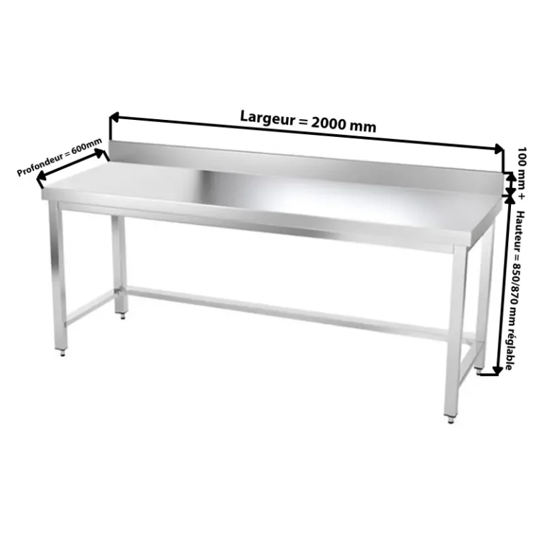 Table inox adossée 2000 x 600 mm avec renfort Goldinox, vue 2