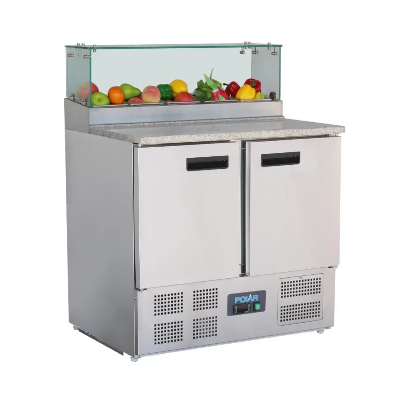 Comptoir à pizza réfrigéré 2 portes avec pare-haleine Polar Série G – 257 L – Plan granit – GN 1/6