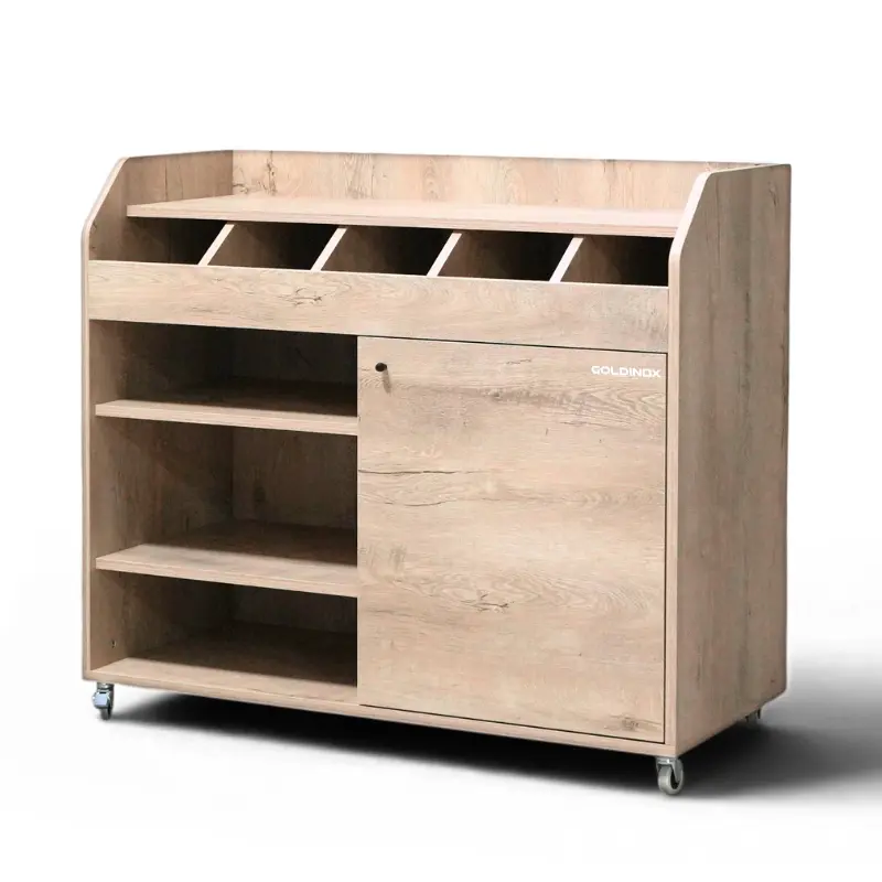 Desserte de service GOLDINOX en bois chêne clair 1100 mm sur roulettes