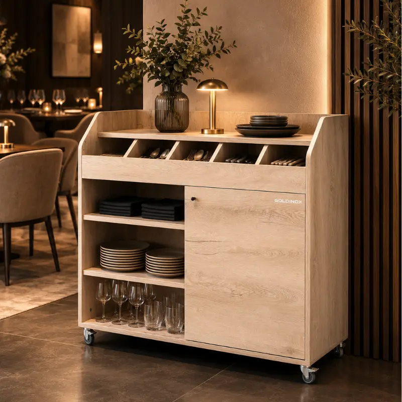 Desserte de service GOLDINOX en bois chêne clair 1100 mm sur roulettes, vue 2
