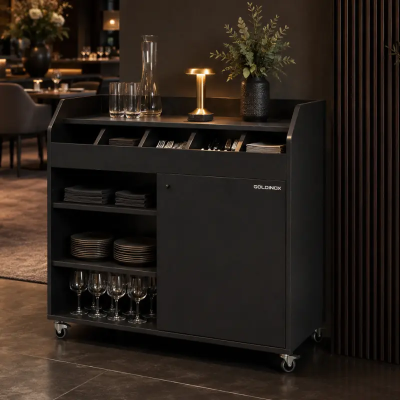 Desserte de service GOLDINOX en bois noir 1100 mm sur roulettes, vue 2