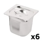 Lot de 6 bacs inox Vogue GN 1/6 avec couvercles