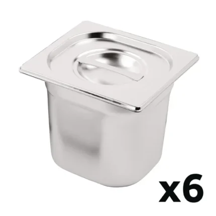 Lot de 6 bacs inox Vogue GN 1/6 avec couvercles