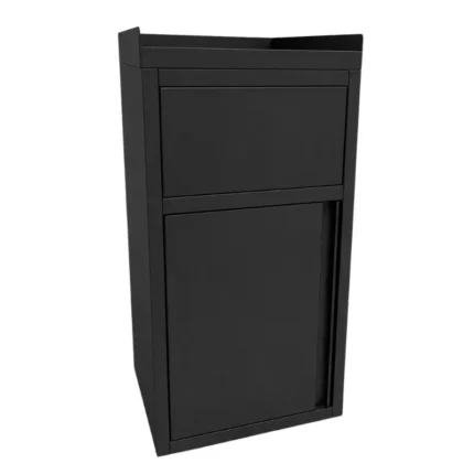 Poubelle snack GOLDINOX inox peint noir avec plateau basculant et repose-plateaux, vue de face