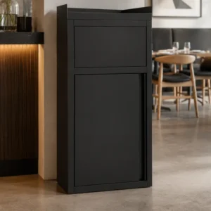 Poubelle snack inox noir GOLDINOX vue de trois quarts, panneau basculant fermé