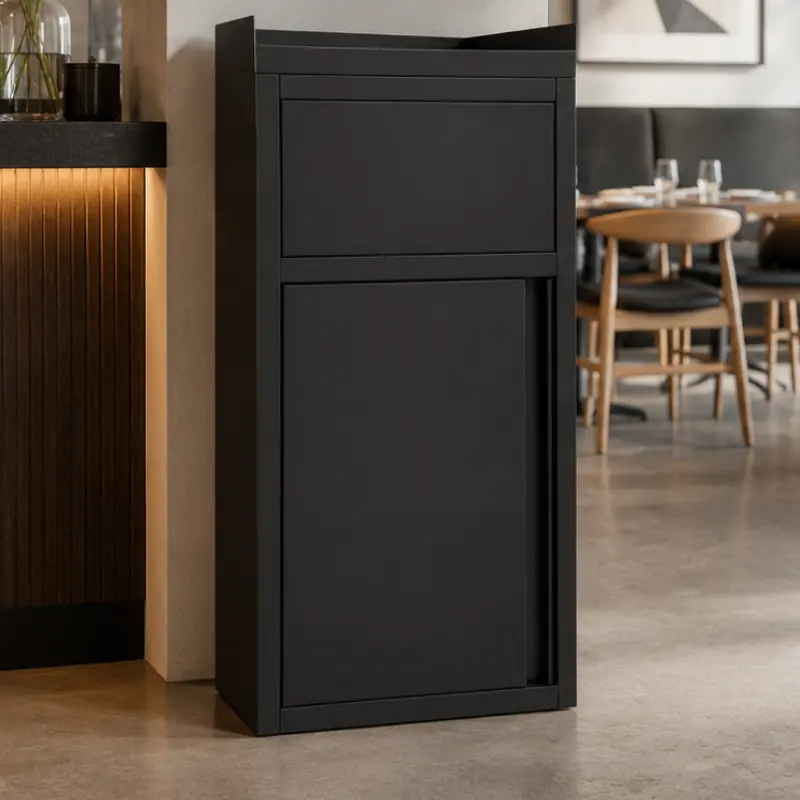 Poubelle snack inox noir GOLDINOX vue de trois quarts, panneau basculant fermé
