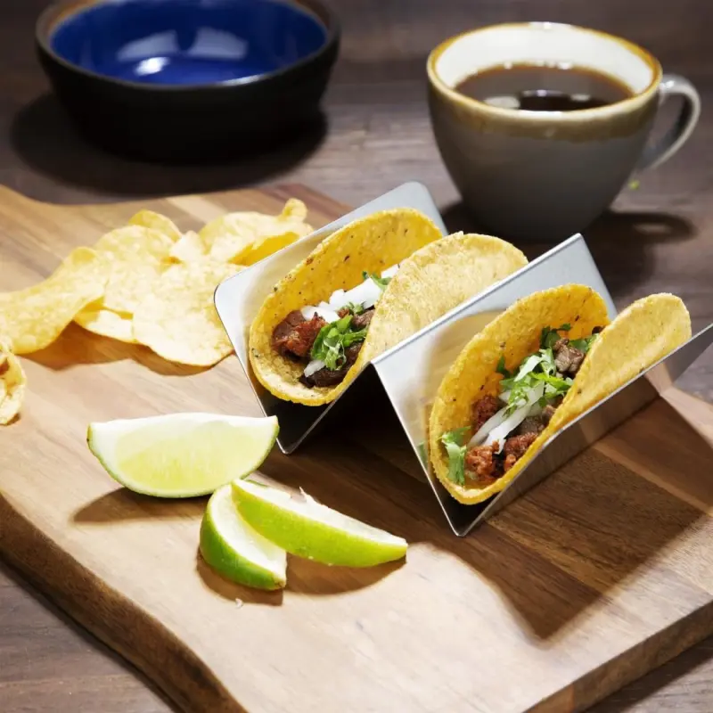 Support à tacos Olympia en inox garni de deux tacos