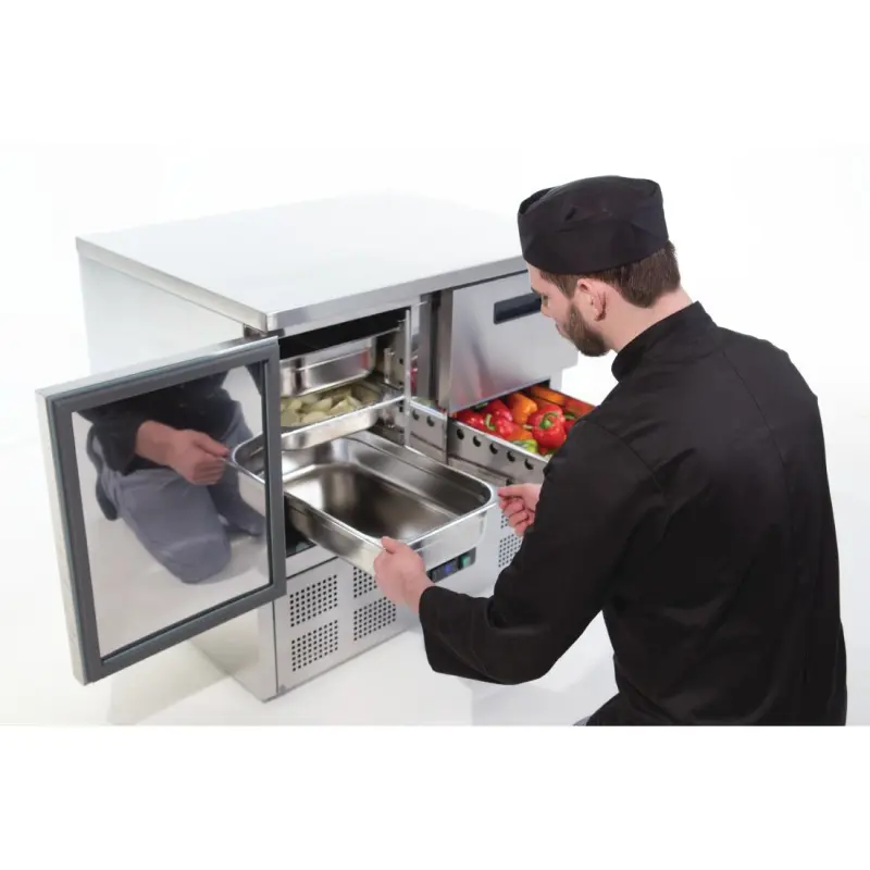 Table réfrigérée positive 1 porte 2 tiroirs Polar Série G – 240 L – 900 mm – GN 1/1