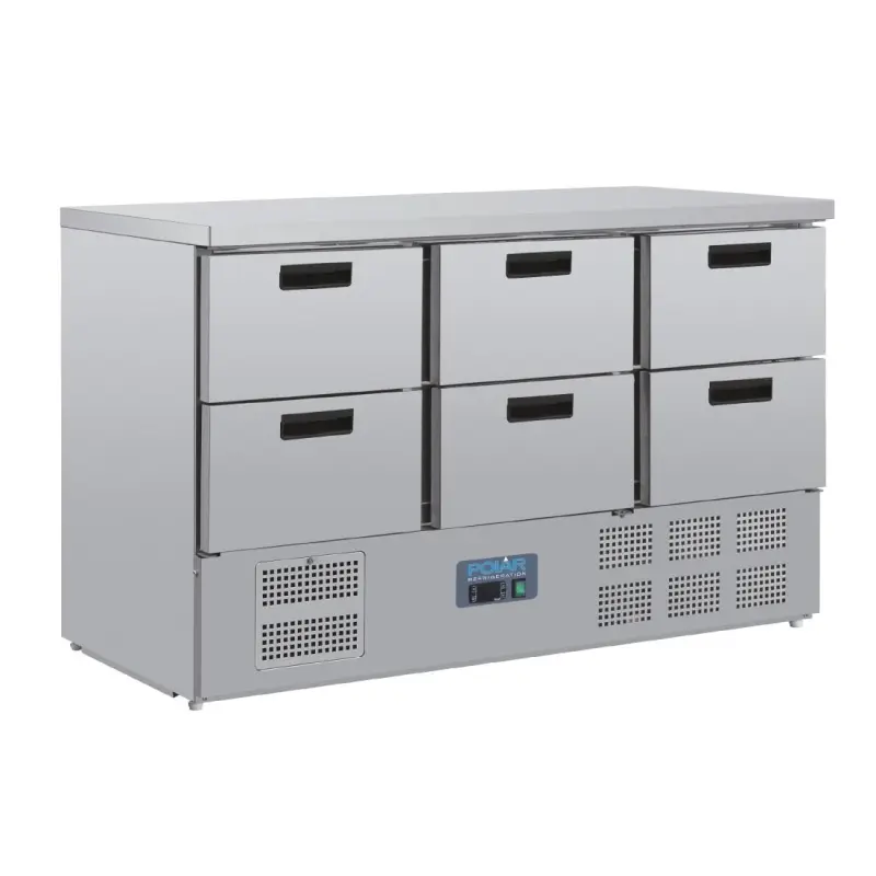 Table réfrigérée positive 6 tiroirs Polar Série G – 368 L – GN 1/1 – 1370 mm – Inox Table réfrigérée positive 6 tiroirs Polar Série G – 368 L – GN 1/1 – 1370 mm – Inox