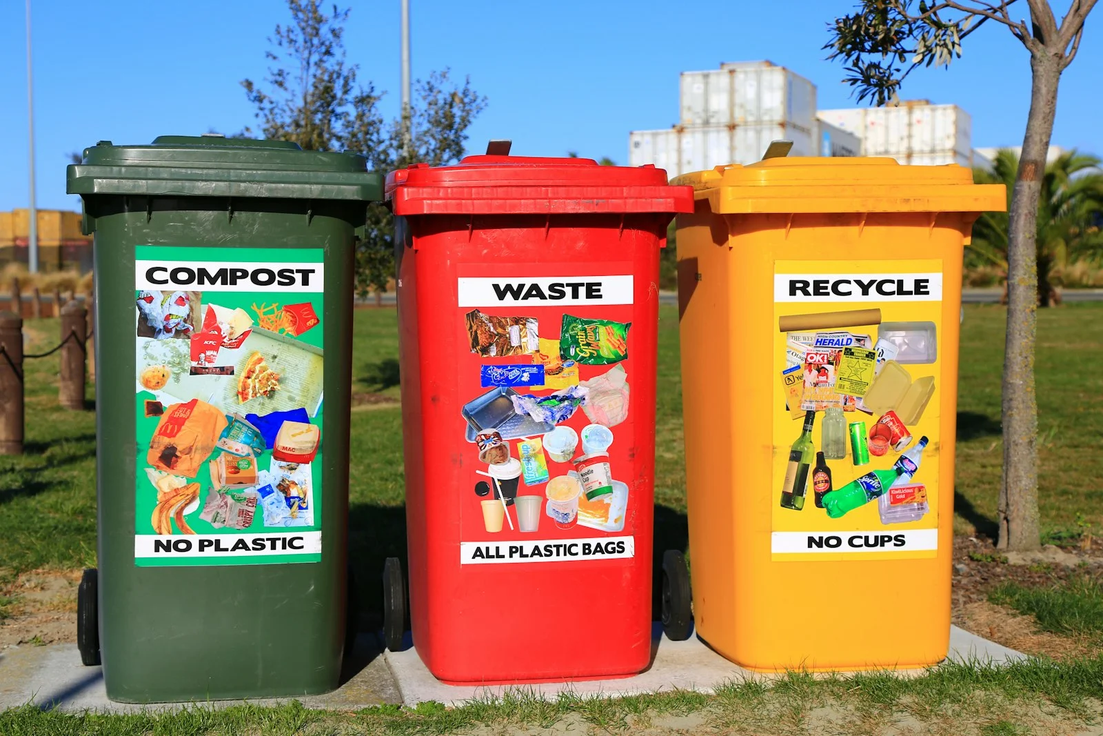 Poubelles de tri sélectif rouge, jaune et verte pour un snack ou fast-food CHR